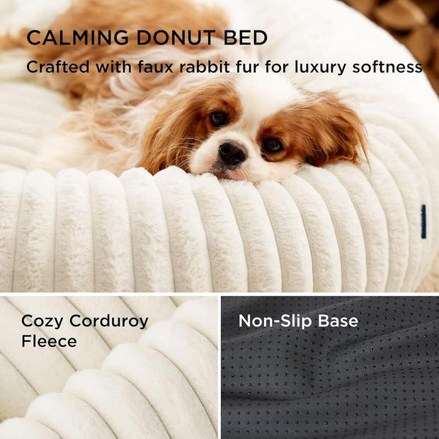 Bedsure Donut Dog Bed - Washable Faux Fur Dog Bed Medium Size Dog with Corduroy Fleece & anti Slip Bottom, round Pet Beds with Removable Cover