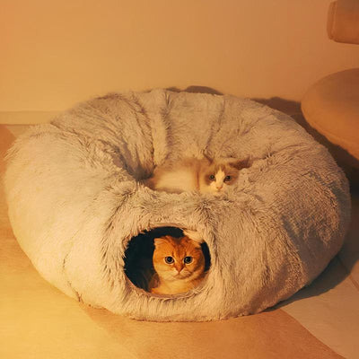 Winter Warm Pet Bed, 2 in 1 Foldable Cat Tunnel Cat Bed, Warm Plush Cat Bed with Hanging Ball & Tunnel Buckle, Pet Supplies for Indoor Outdoor Kitty Use