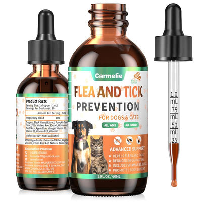Carmelie Flea & Tick Support Drops for Dogs & Cats | Natural Liquid Formula with Vitamins | Bacon Flavor, All Breeds & Ages